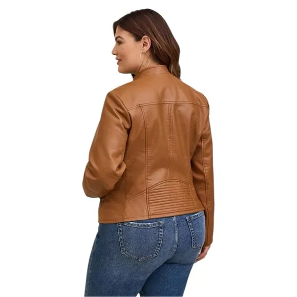 Torrid Faux Leather Collarless Moto Jacket 3X Cognac Tan Brown