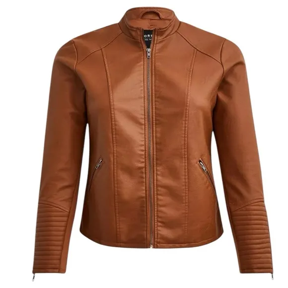 Torrid Faux Leather Collarless Moto Jacket 3X Cognac Tan Brown
