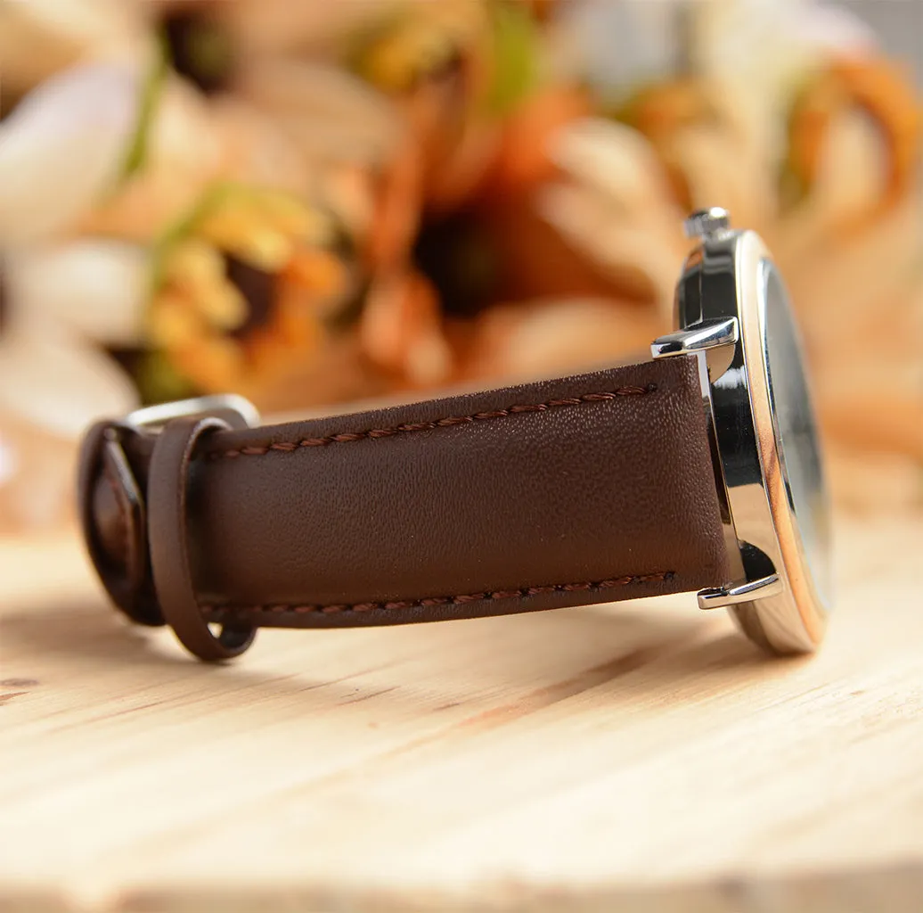 UD Classic stainless steel in silver designer wooden watch with Premium Leather Strap