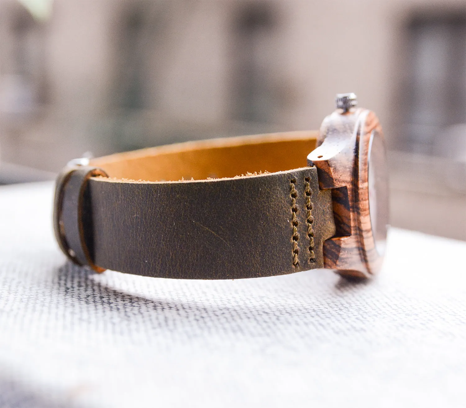 UD Ladies Personalized/Engraved Exotic Zebra Wood Face Watch with Premium Leather Strap