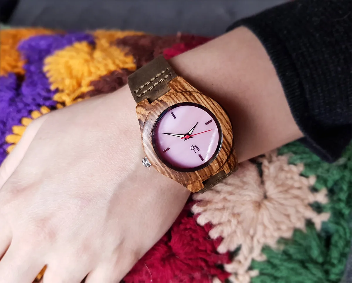 UD Ladies Personalized/Engraved Exotic Zebra Wood Face Watch with Premium Leather Strap