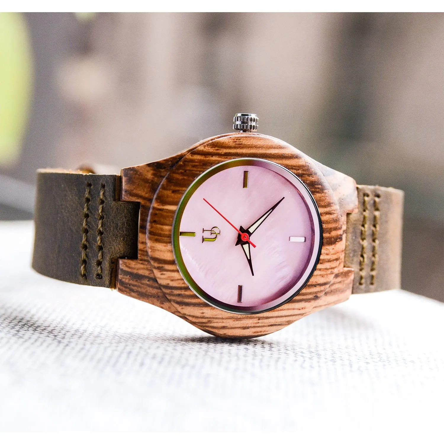 UD Ladies Personalized/Engraved Exotic Zebra Wood Face Watch with Premium Leather Strap