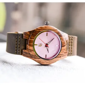 UD Ladies Personalized/Engraved Exotic Zebra Wood Face Watch with Premium Leather Strap