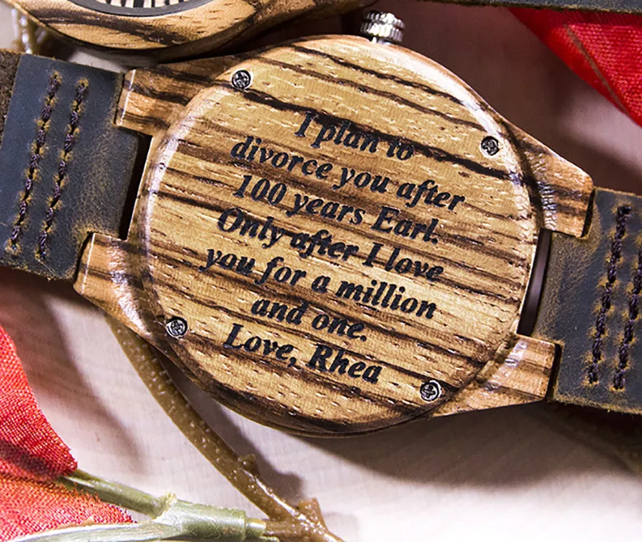 UD Ladies Personalized/Engraved Exotic Zebra Wood Face Watch with Premium Leather Strap