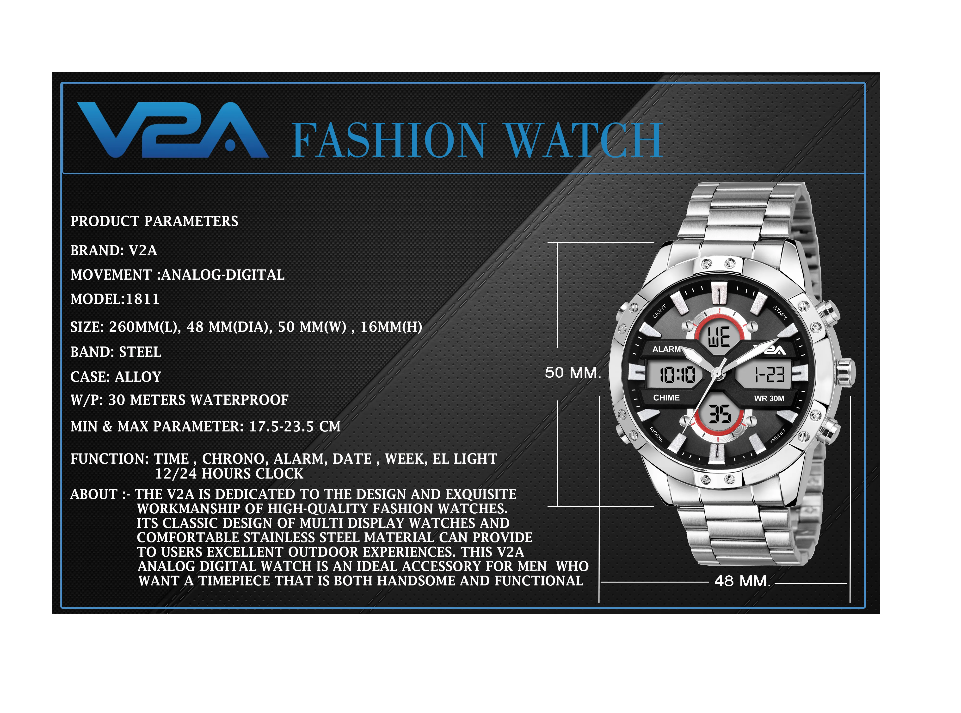V2A Silver Stainless Steel Multifunction Watch For Men And Boys