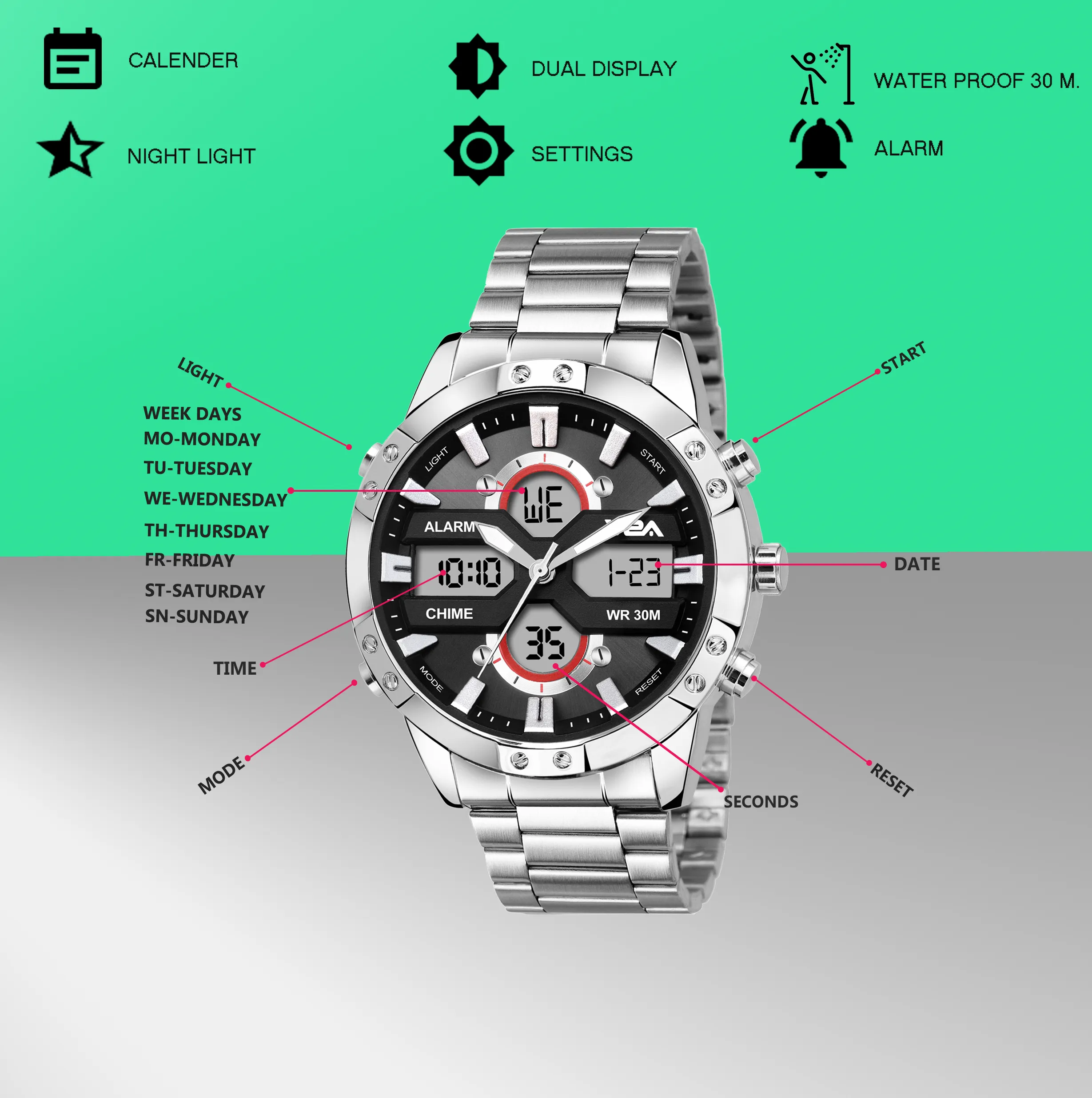 V2A Silver Stainless Steel Multifunction Watch For Men And Boys