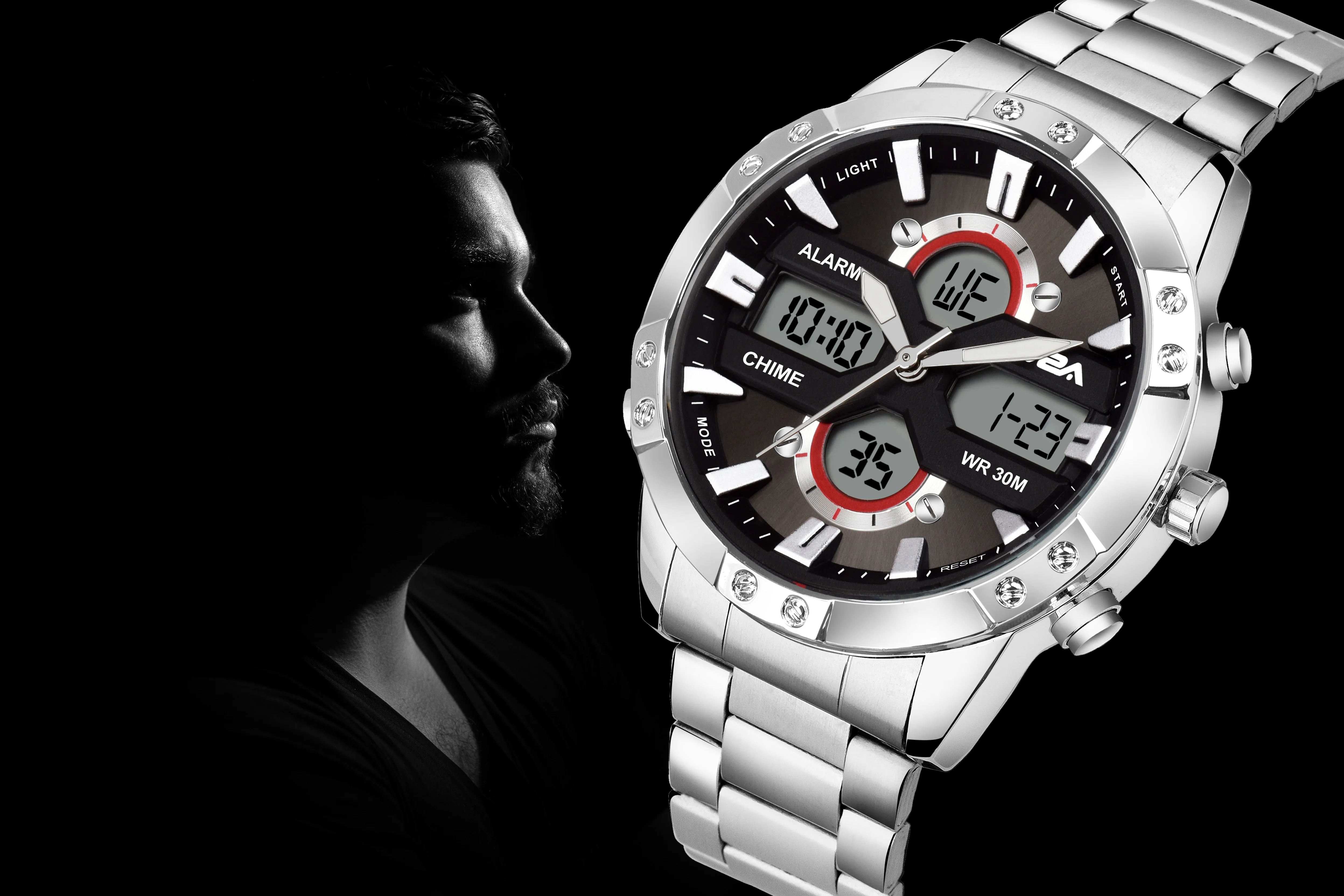 V2A Silver Stainless Steel Multifunction Watch For Men And Boys
