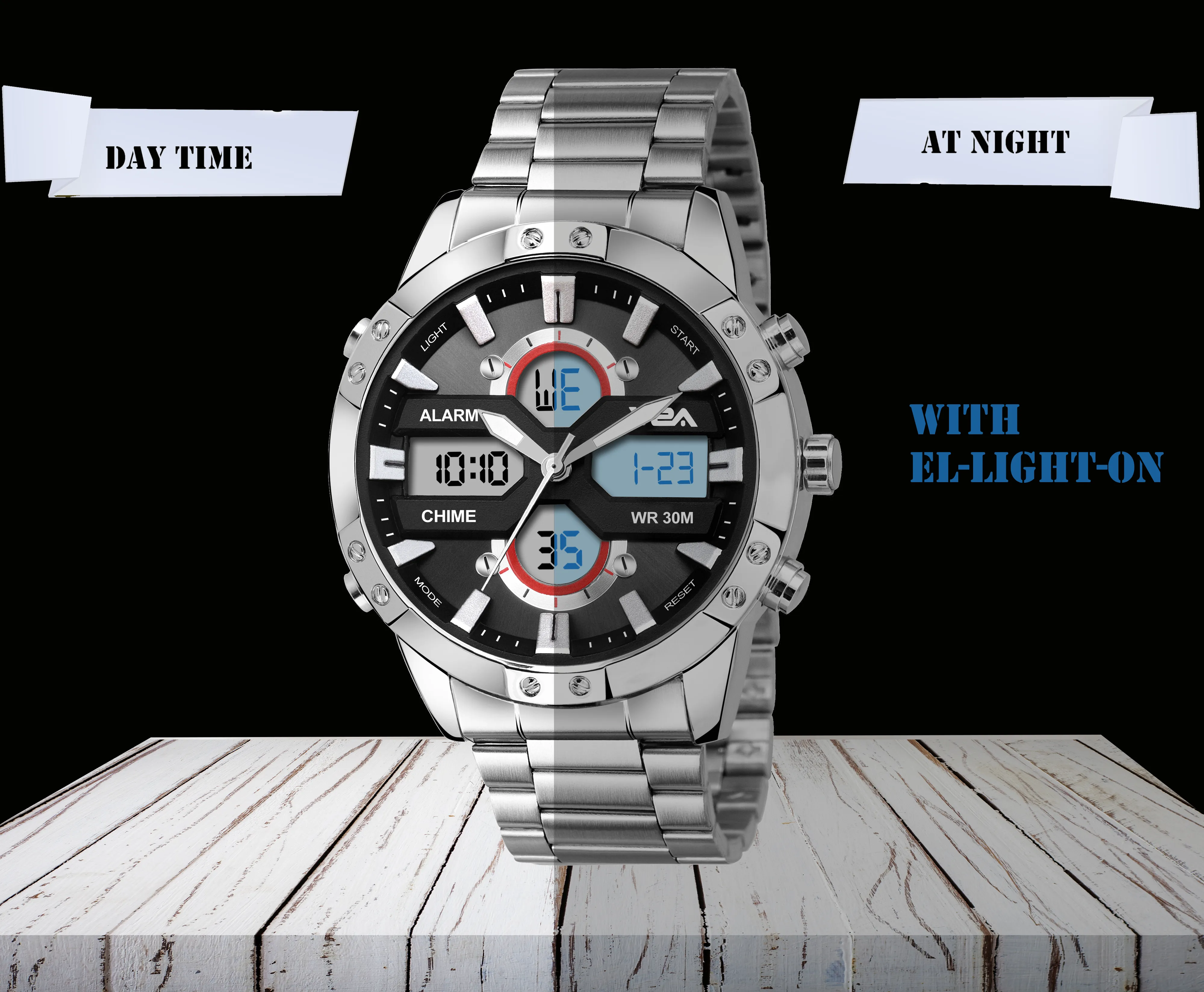 V2A Silver Stainless Steel Multifunction Watch For Men And Boys