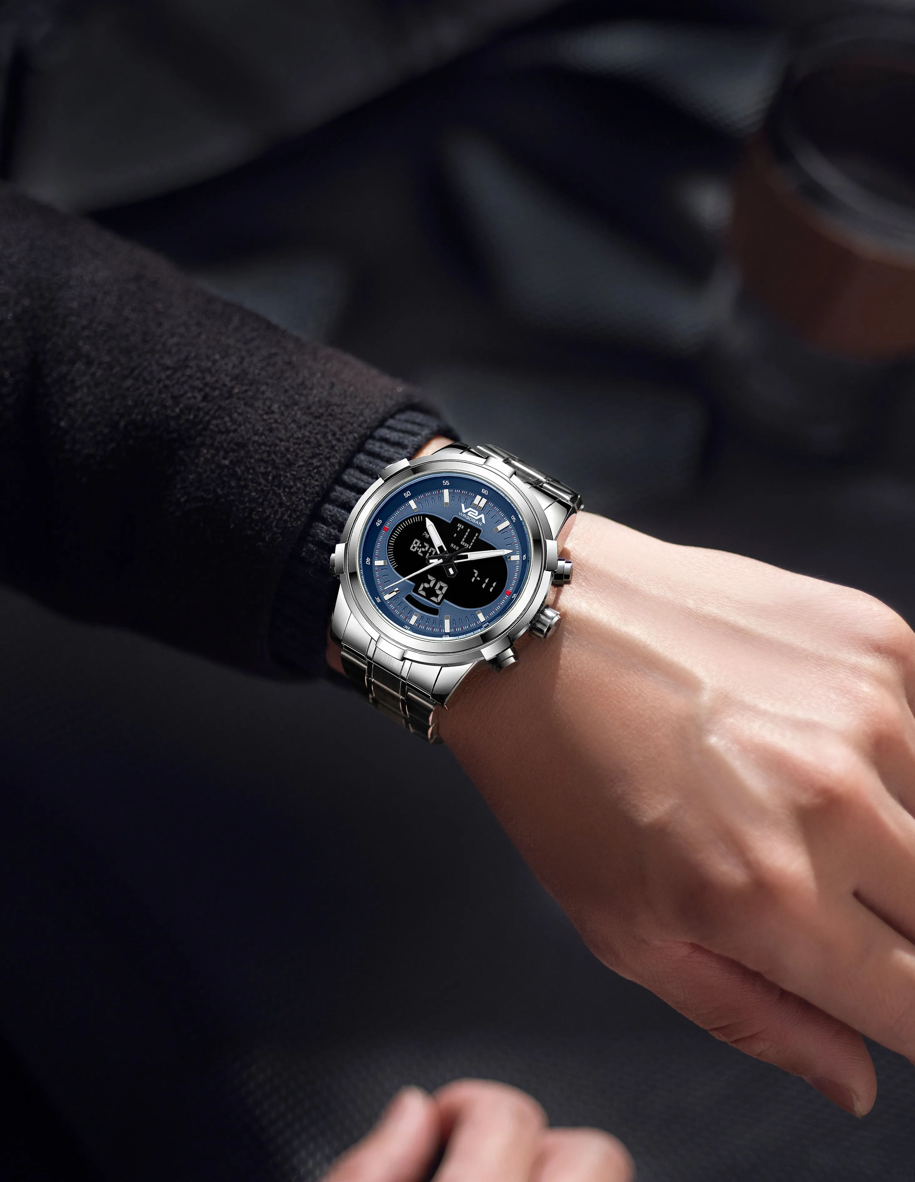 V2A Torque Series CS-8002 Men’s Analog-Digital Chronograph Watch, Timepiece with Stainless Steel Band | Dual Display, Waterproof, Stylish Metal Watch