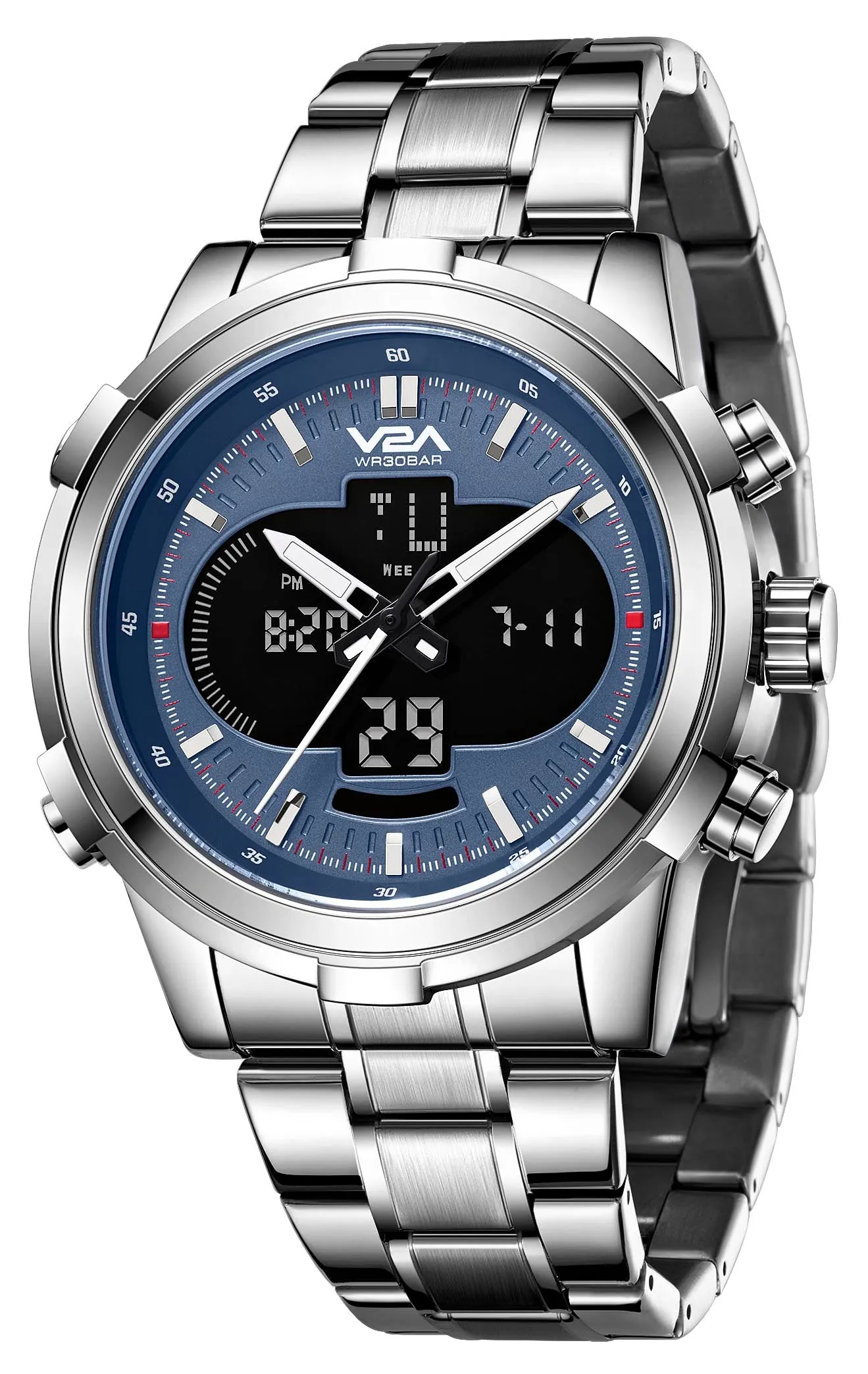 V2A Torque Series CS-8002 Men’s Analog-Digital Chronograph Watch, Timepiece with Stainless Steel Band | Dual Display, Waterproof, Stylish Metal Watch