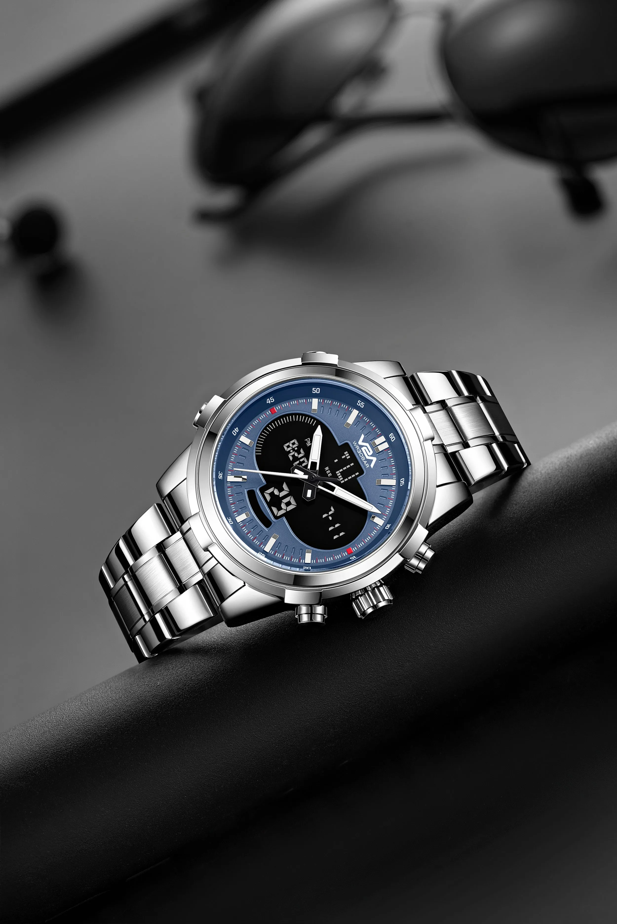 V2A Torque Series CS-8002 Men’s Analog-Digital Chronograph Watch, Timepiece with Stainless Steel Band | Dual Display, Waterproof, Stylish Metal Watch