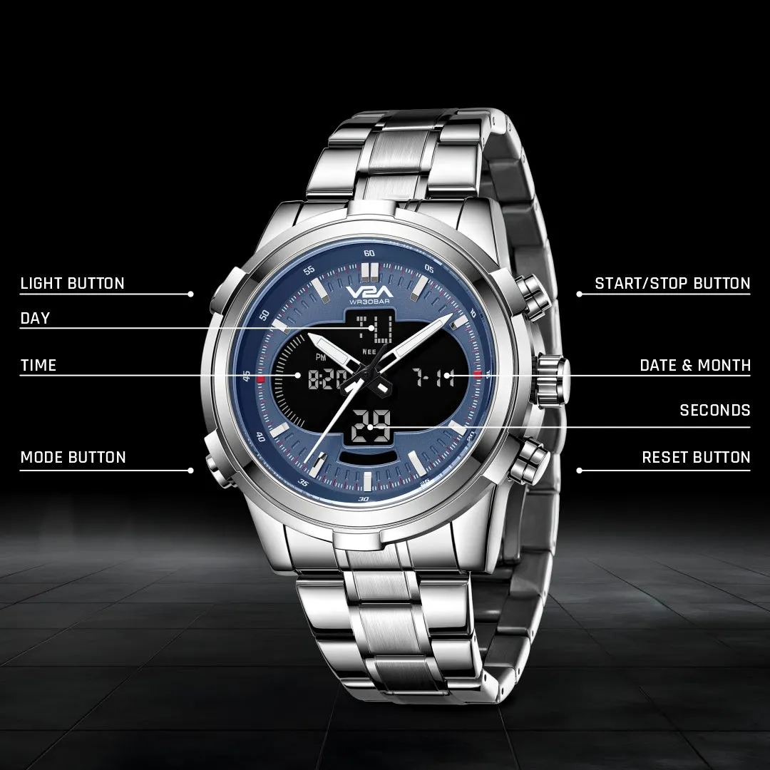 V2A Torque Series CS-8002 Men’s Analog-Digital Chronograph Watch, Timepiece with Stainless Steel Band | Dual Display, Waterproof, Stylish Metal Watch