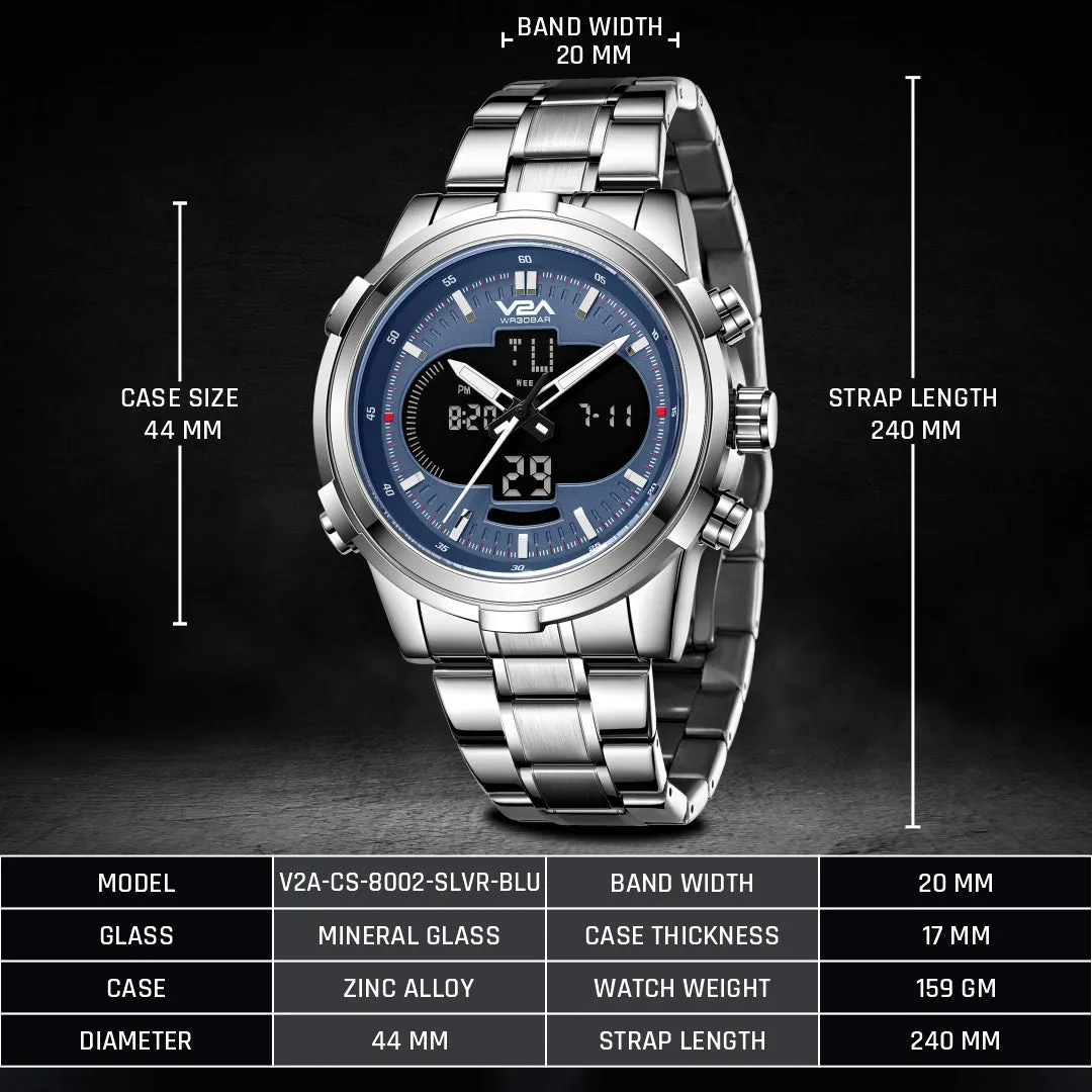 V2A Torque Series CS-8002 Men’s Analog-Digital Chronograph Watch, Timepiece with Stainless Steel Band | Dual Display, Waterproof, Stylish Metal Watch