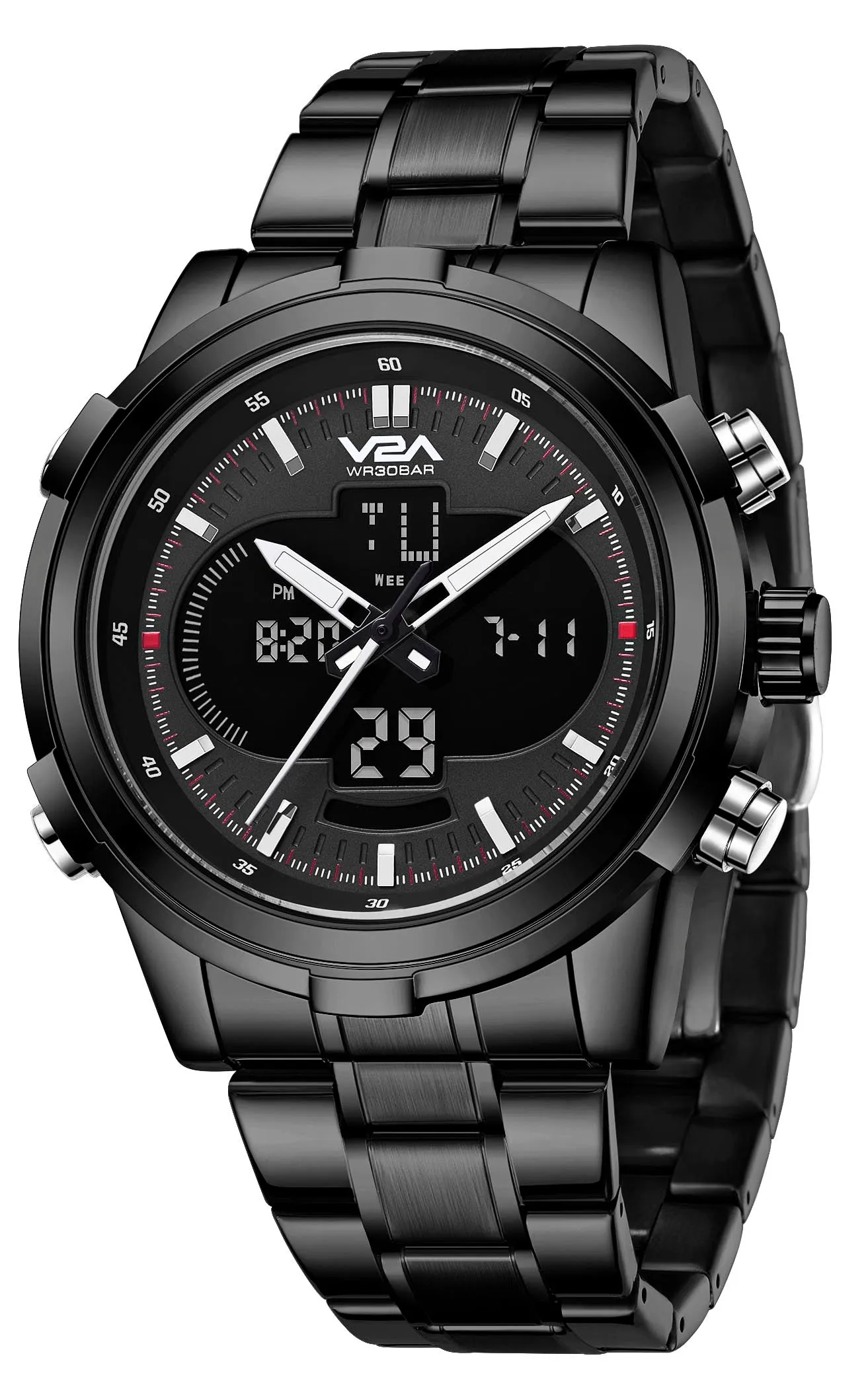 V2A Torque Series CS-8002 Men’s Analog-Digital Chronograph Watch, Timepiece with Stainless Steel Band | Dual Display, Waterproof, Stylish Metal Watch