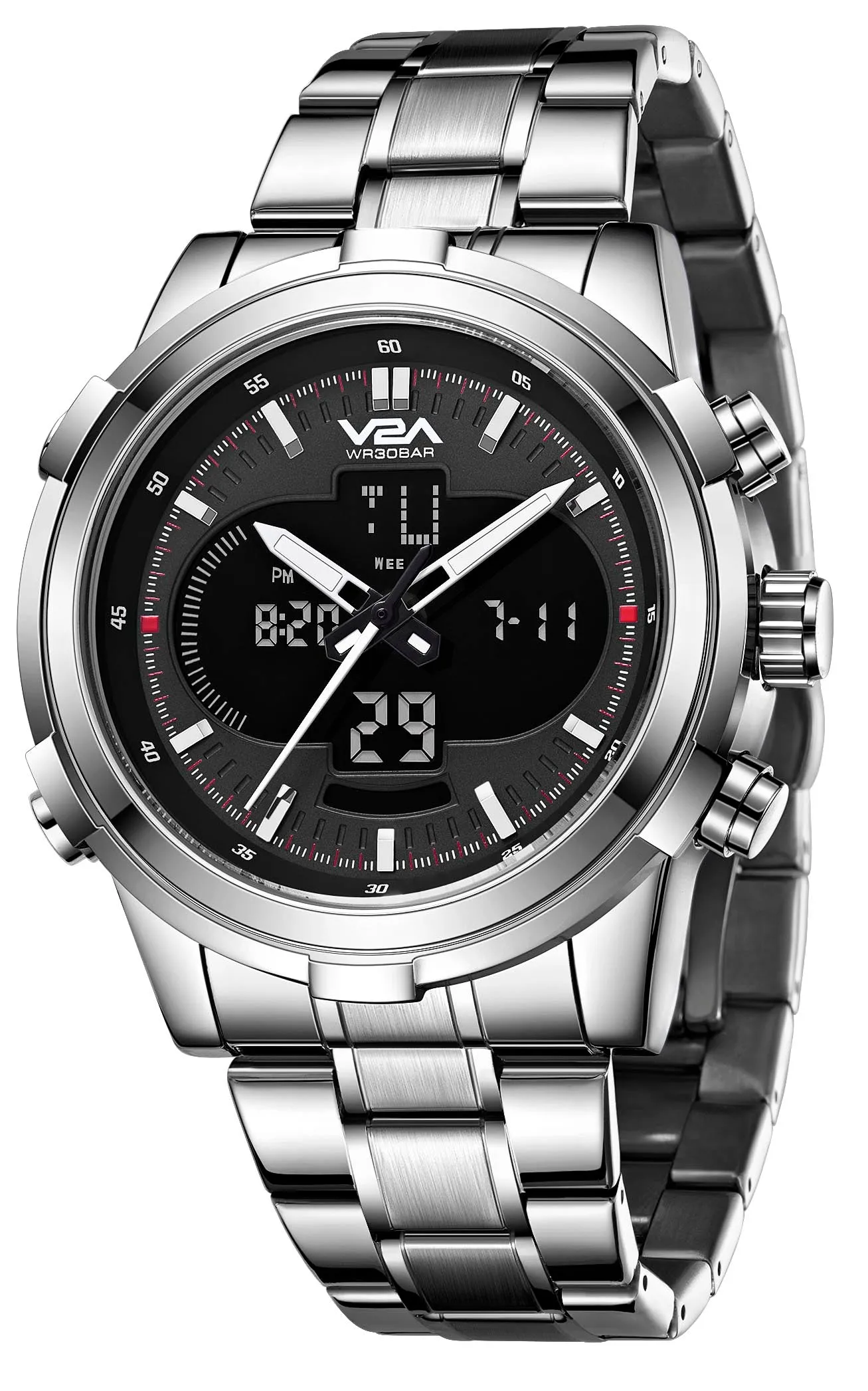 V2A Torque Series CS-8002 Men’s Analog-Digital Chronograph Watch, Timepiece with Stainless Steel Band | Dual Display, Waterproof, Stylish Metal Watch