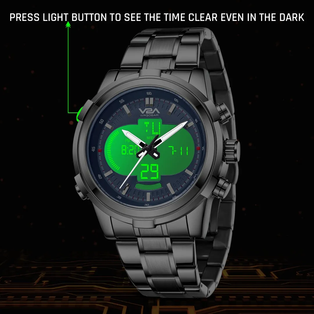 V2A Torque Series CS-8002 Men’s Analog-Digital Chronograph Watch, Timepiece with Stainless Steel Band | Dual Display, Waterproof, Stylish Metal Watch