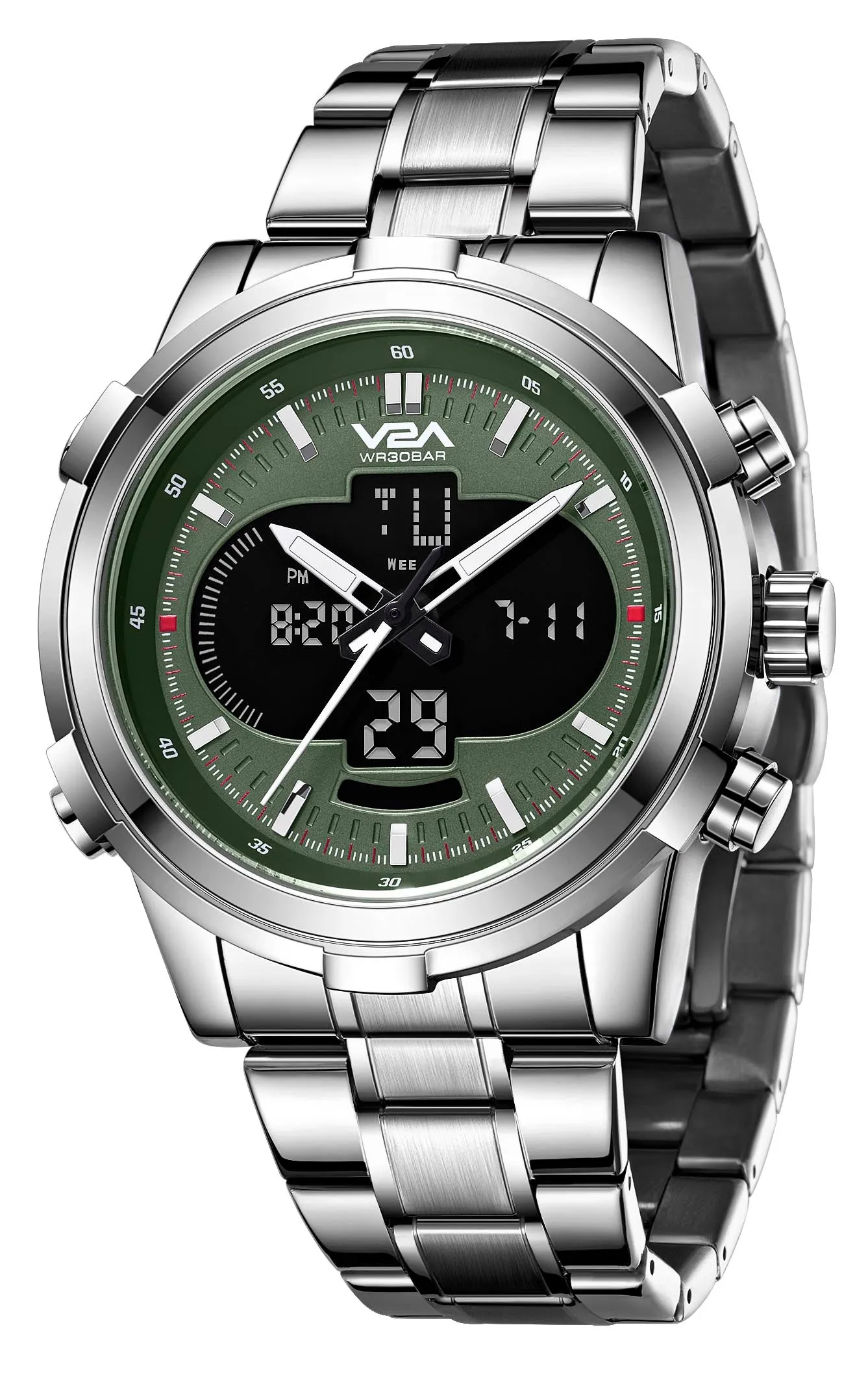 V2A Torque Series CS-8002 Men’s Analog-Digital Chronograph Watch, Timepiece with Stainless Steel Band | Dual Display, Waterproof, Stylish Metal Watch
