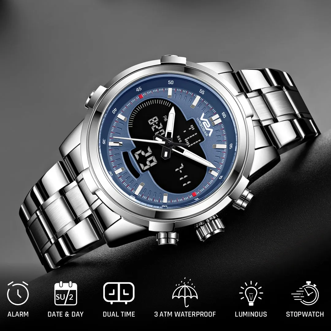 V2A Torque Series CS-8002 Men’s Analog-Digital Chronograph Watch, Timepiece with Stainless Steel Band | Dual Display, Waterproof, Stylish Metal Watch