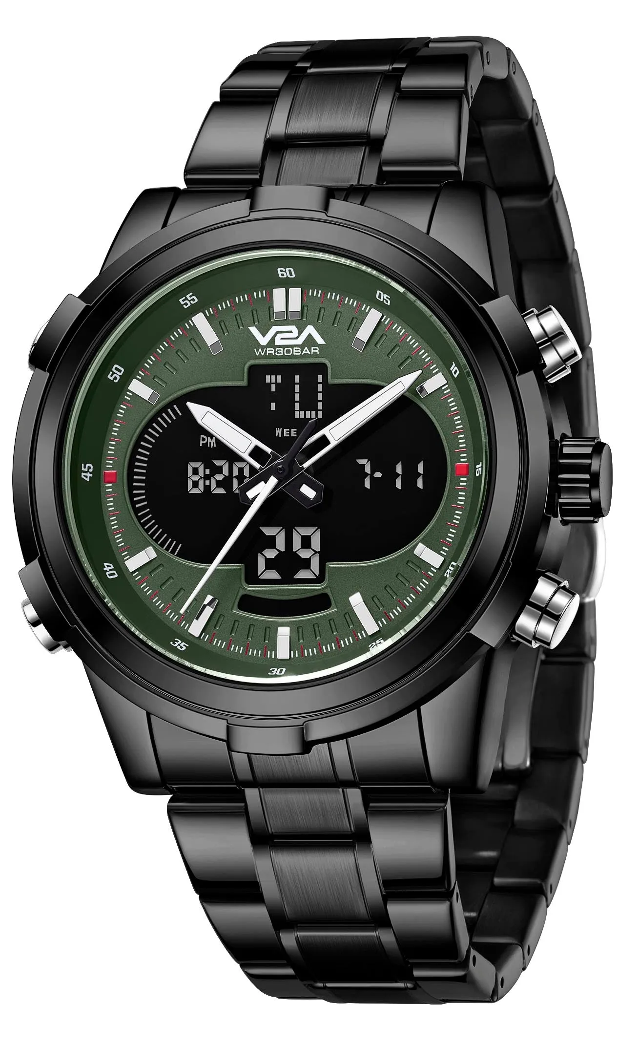 V2A Torque Series CS-8002 Men’s Analog-Digital Chronograph Watch, Timepiece with Stainless Steel Band | Dual Display, Waterproof, Stylish Metal Watch