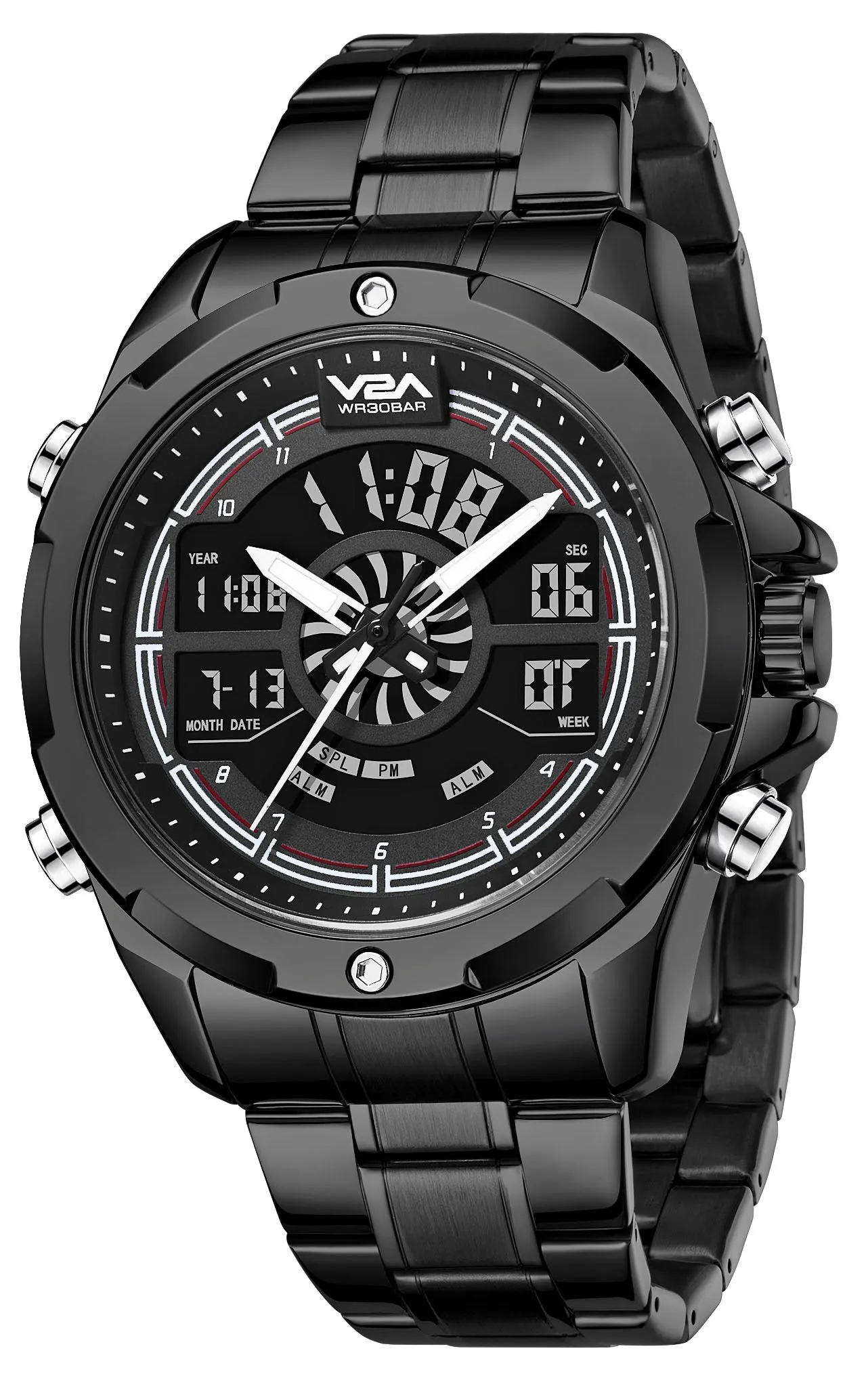 V2A Torque Series CS-8003 Men’s Stylish Chronograph Analog-Digital Watch with Stainless Steel Band | Dual Display, Waterproof, Metal Timepiece
