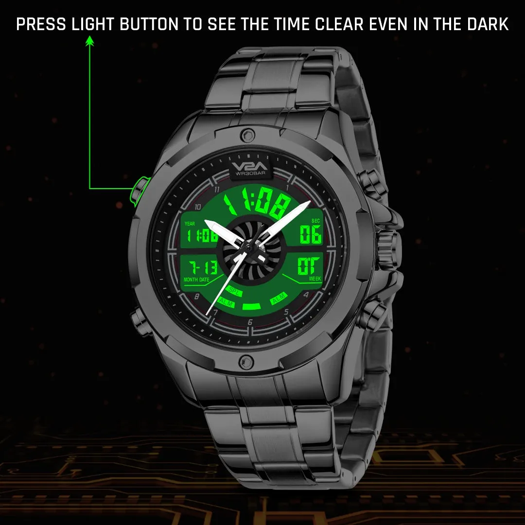 V2A Torque Series CS-8003 Men’s Stylish Chronograph Analog-Digital Watch with Stainless Steel Band | Dual Display, Waterproof, Metal Timepiece