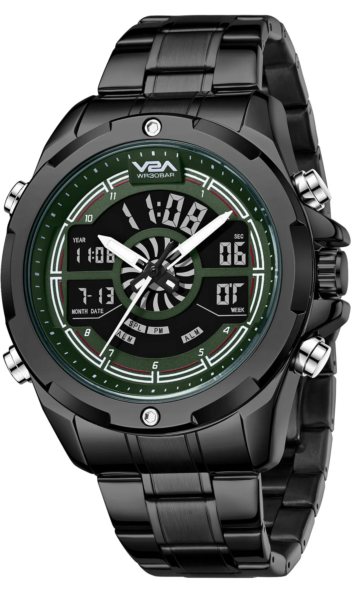 V2A Torque Series CS-8003 Men’s Stylish Chronograph Analog-Digital Watch with Stainless Steel Band | Dual Display, Waterproof, Metal Timepiece