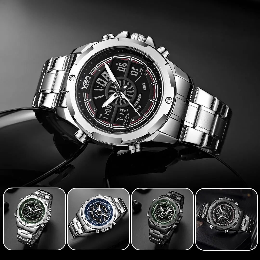 V2A Torque Series CS-8003 Men’s Stylish Chronograph Analog-Digital Watch with Stainless Steel Band | Dual Display, Waterproof, Metal Timepiece