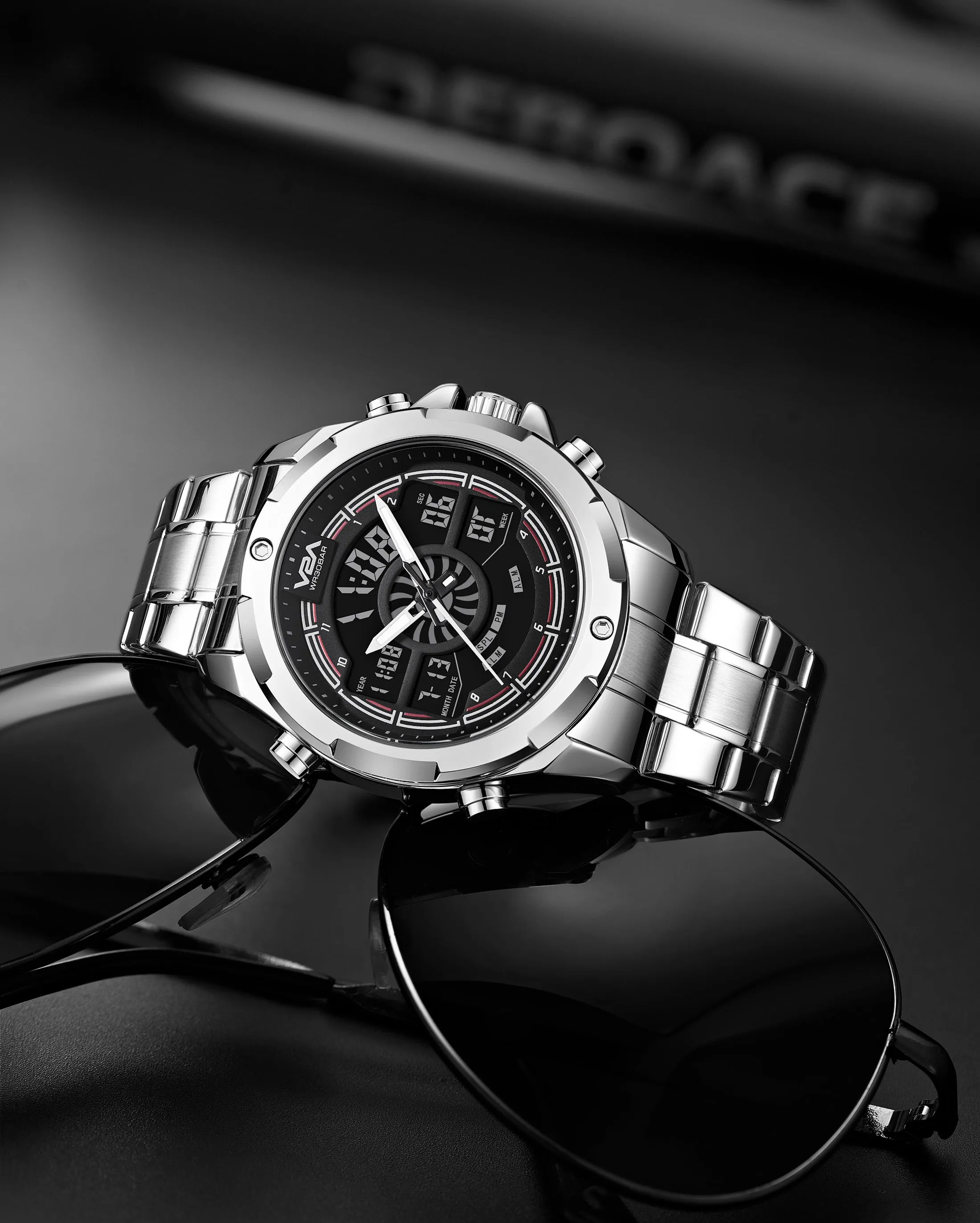 V2A Torque Series CS-8003 Men’s Stylish Chronograph Analog-Digital Watch with Stainless Steel Band | Dual Display, Waterproof, Metal Timepiece