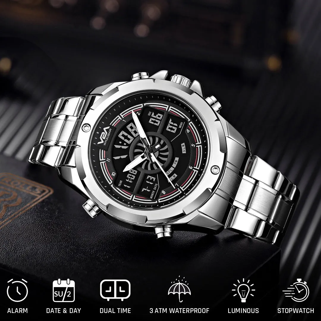 V2A Torque Series CS-8003 Men’s Stylish Chronograph Analog-Digital Watch with Stainless Steel Band | Dual Display, Waterproof, Metal Timepiece