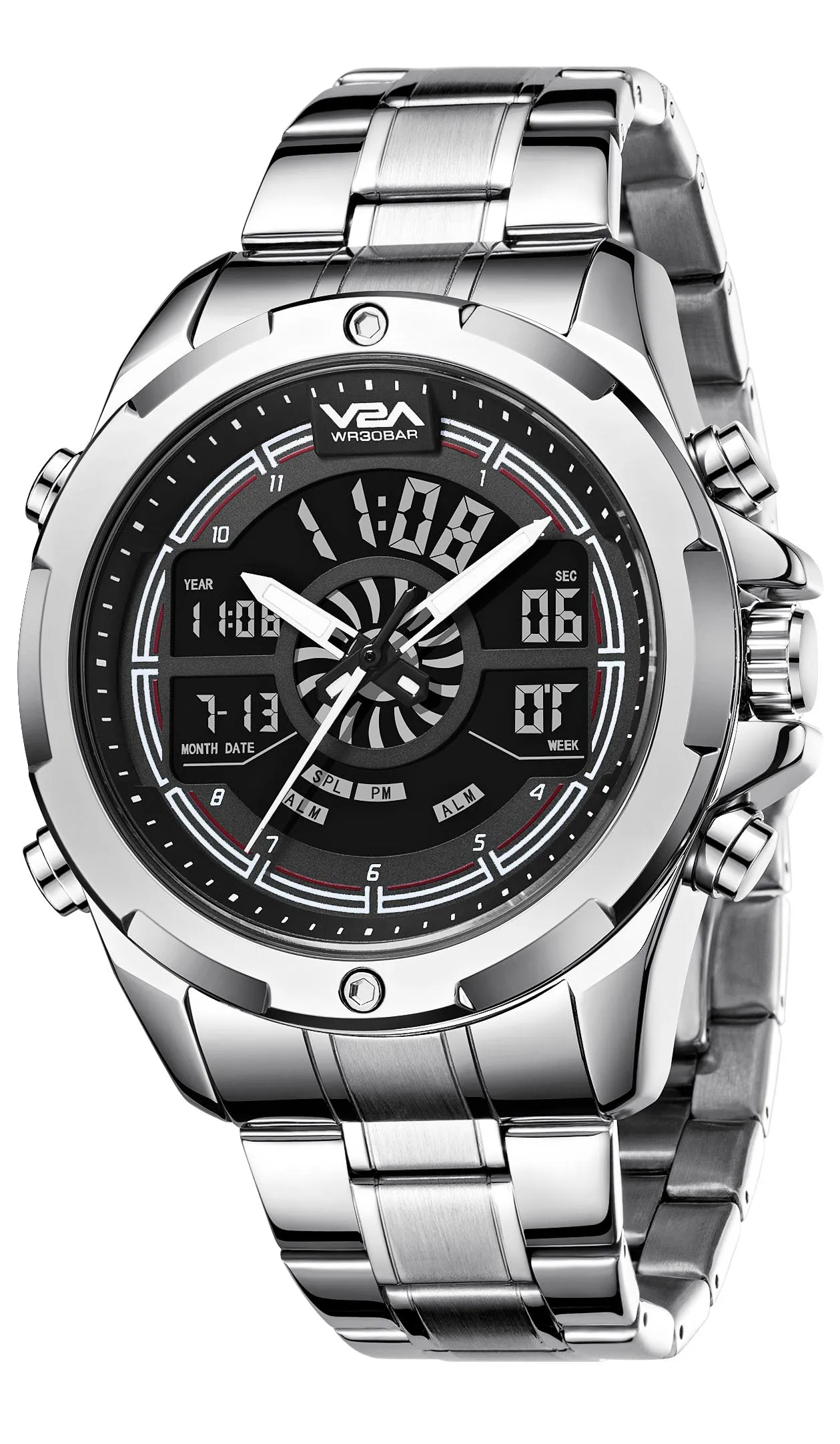 V2A Torque Series CS-8003 Men’s Stylish Chronograph Analog-Digital Watch with Stainless Steel Band | Dual Display, Waterproof, Metal Timepiece