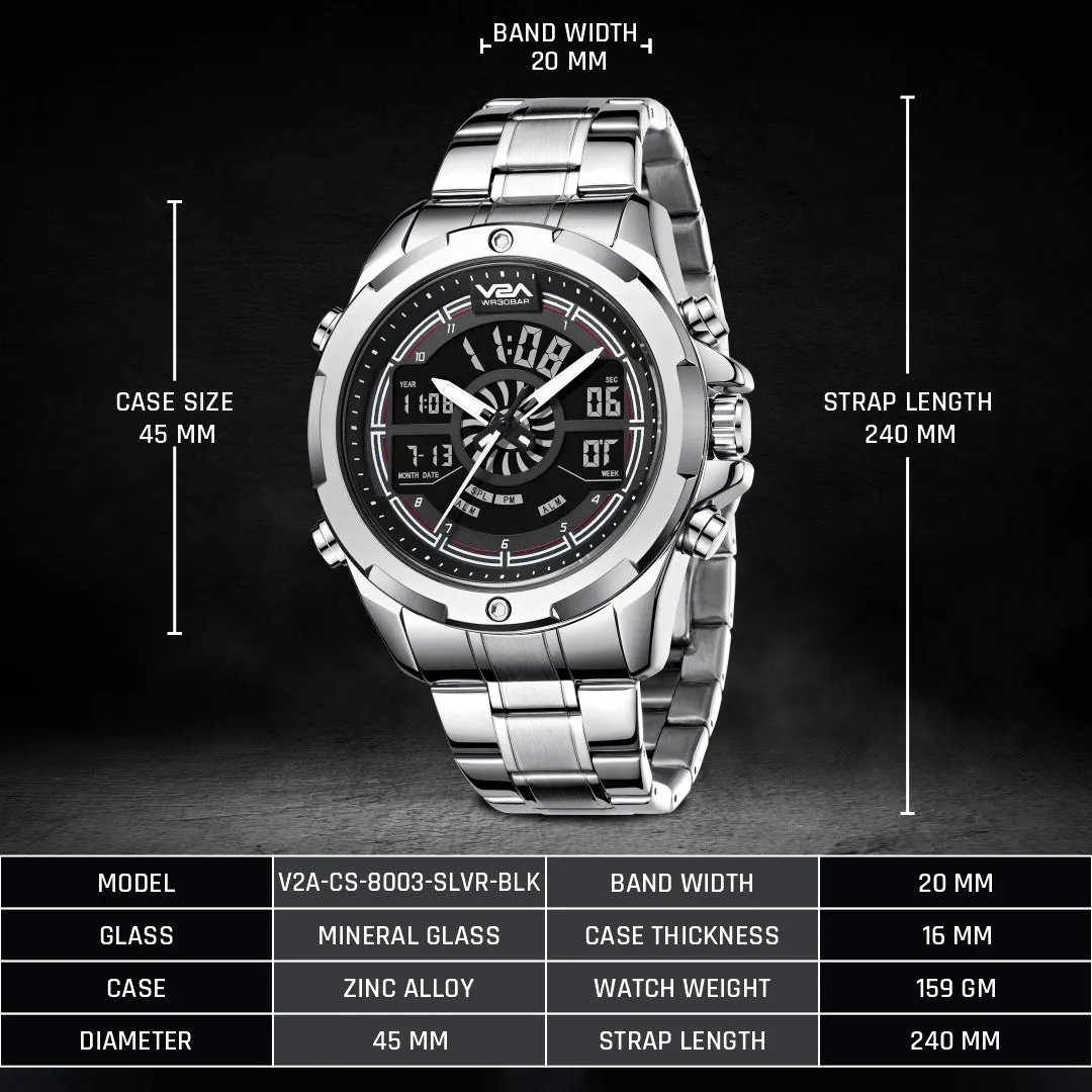 V2A Torque Series CS-8003 Men’s Stylish Chronograph Analog-Digital Watch with Stainless Steel Band | Dual Display, Waterproof, Metal Timepiece