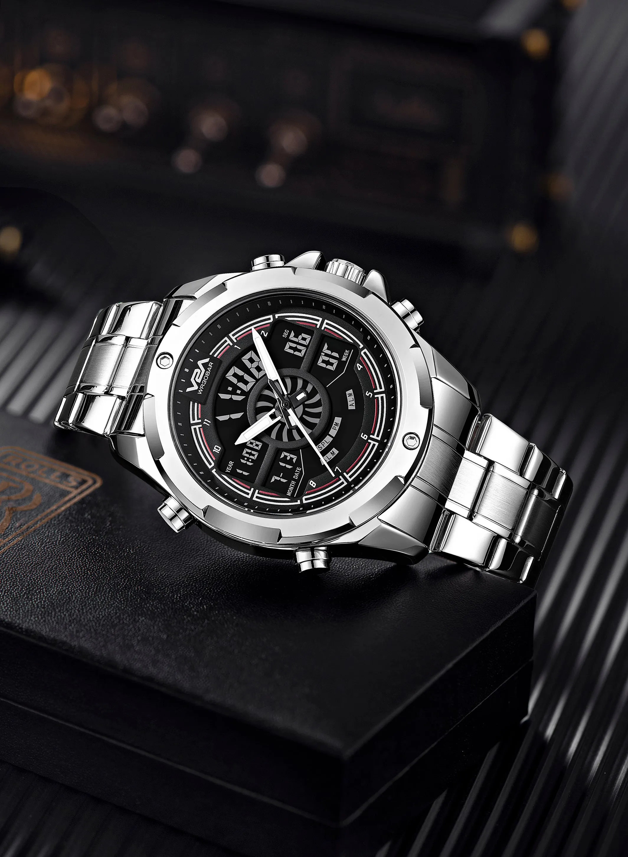 V2A Torque Series CS-8003 Men’s Stylish Chronograph Analog-Digital Watch with Stainless Steel Band | Dual Display, Waterproof, Metal Timepiece
