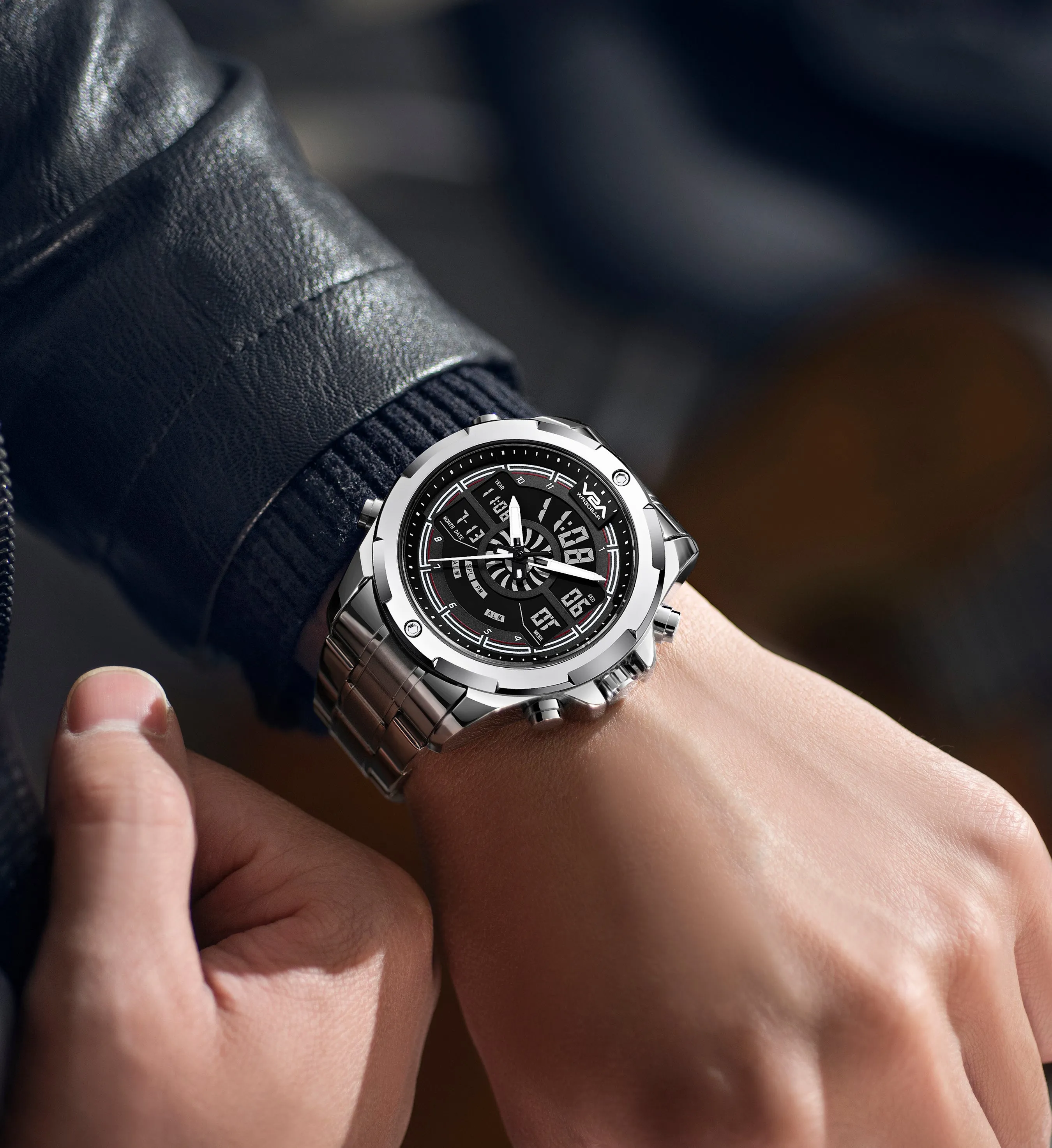 V2A Torque Series CS-8003 Men’s Stylish Chronograph Analog-Digital Watch with Stainless Steel Band | Dual Display, Waterproof, Metal Timepiece