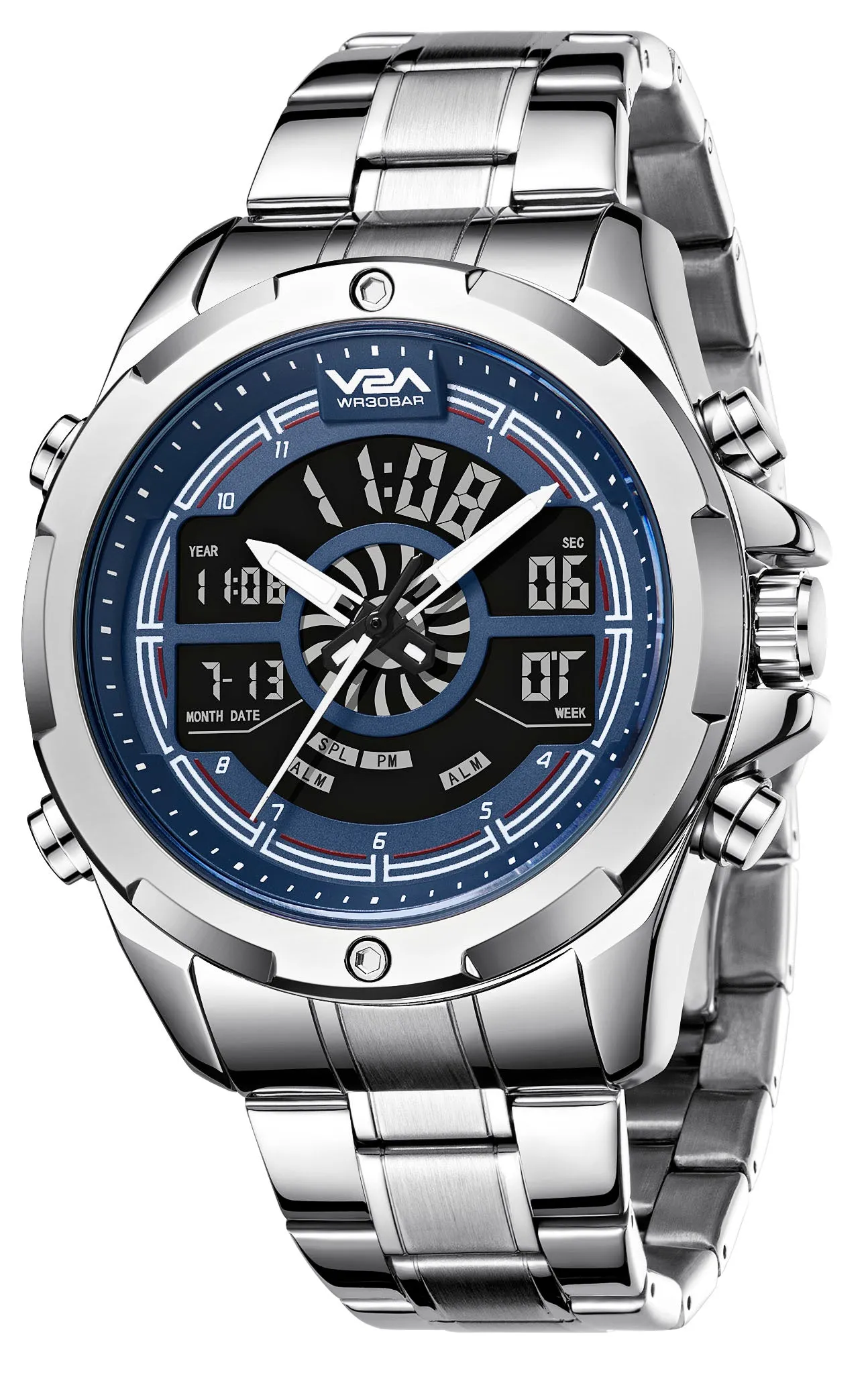 V2A Torque Series CS-8003 Men’s Stylish Chronograph Analog-Digital Watch with Stainless Steel Band | Dual Display, Waterproof, Metal Timepiece