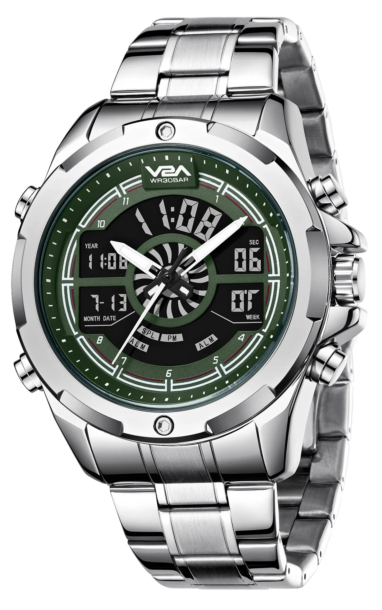 V2A Torque Series CS-8003 Men’s Stylish Chronograph Analog-Digital Watch with Stainless Steel Band | Dual Display, Waterproof, Metal Timepiece