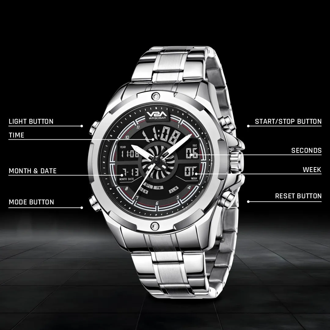 V2A Torque Series CS-8003 Men’s Stylish Chronograph Analog-Digital Watch with Stainless Steel Band | Dual Display, Waterproof, Metal Timepiece