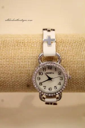 White/White Clear Rhinestones Cross | Leather Band w/ Button Clasp