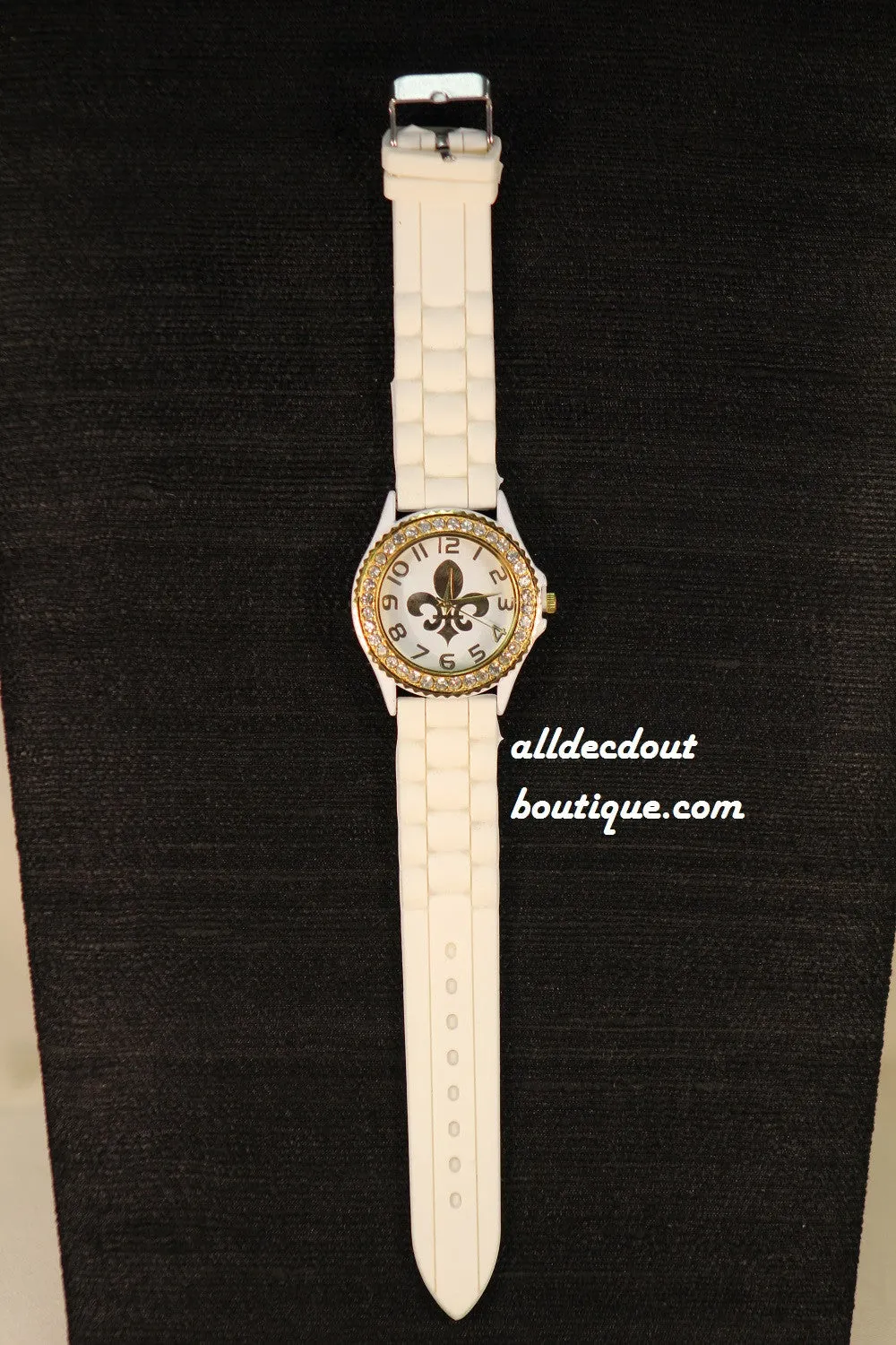 White/White Gold Fleur De Lis Clear Rhinestones | Silicone Band