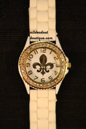 White/White Gold Fleur De Lis Clear Rhinestones | Silicone Band