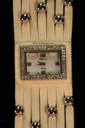 White/White Silver Studs Clear Rhinestones | Leather Band with Button Clasp