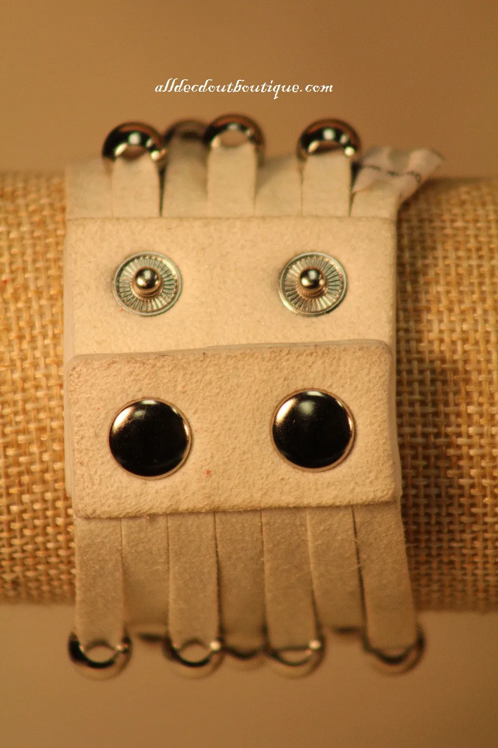 White/White Silver Studs Clear Rhinestones | Leather Band with Button Clasp