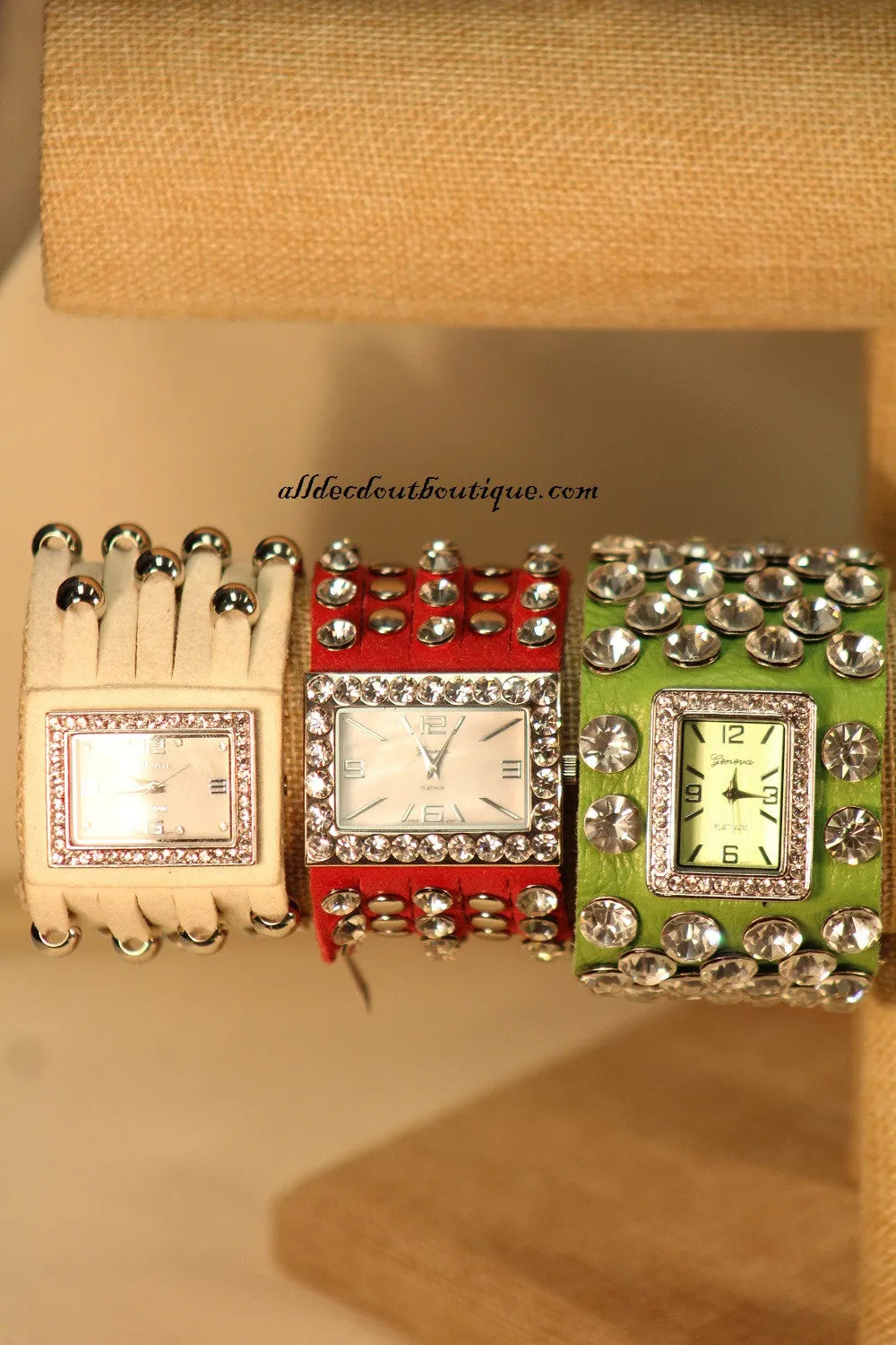 White/White Silver Studs Clear Rhinestones | Leather Band with Button Clasp