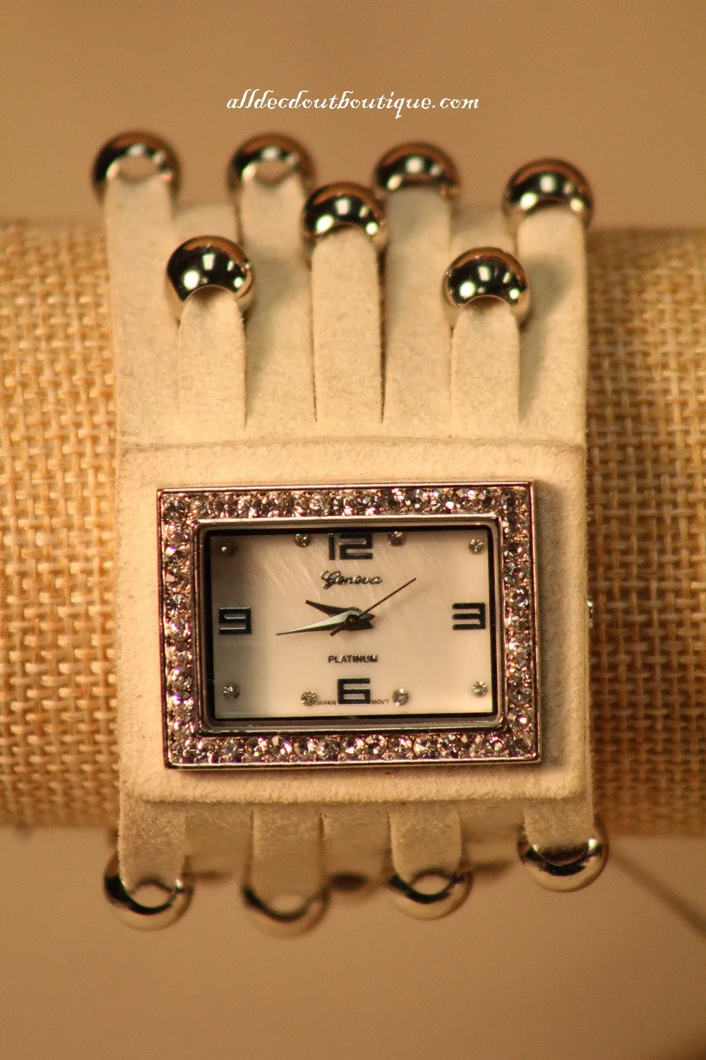 White/White Silver Studs Clear Rhinestones | Leather Band with Button Clasp