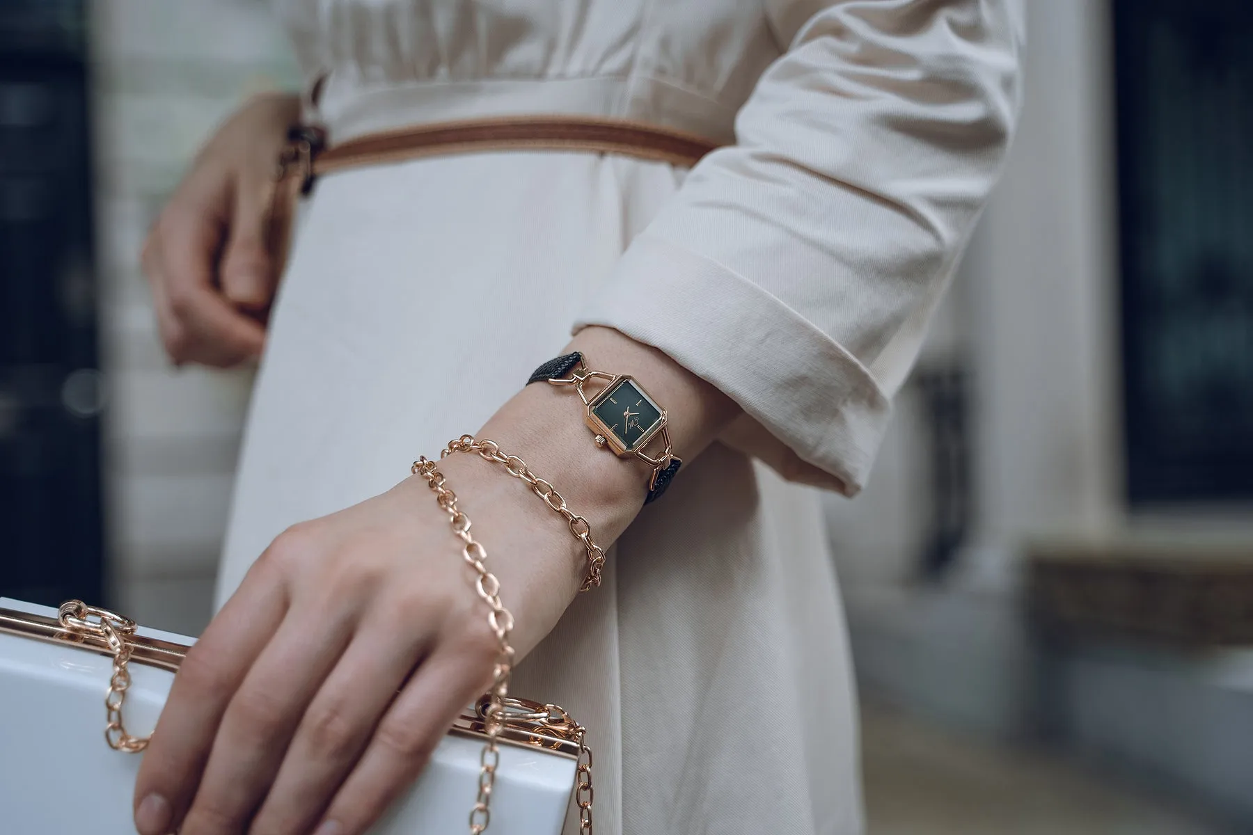 WL004BK Gold Watch with Black Leather Strap