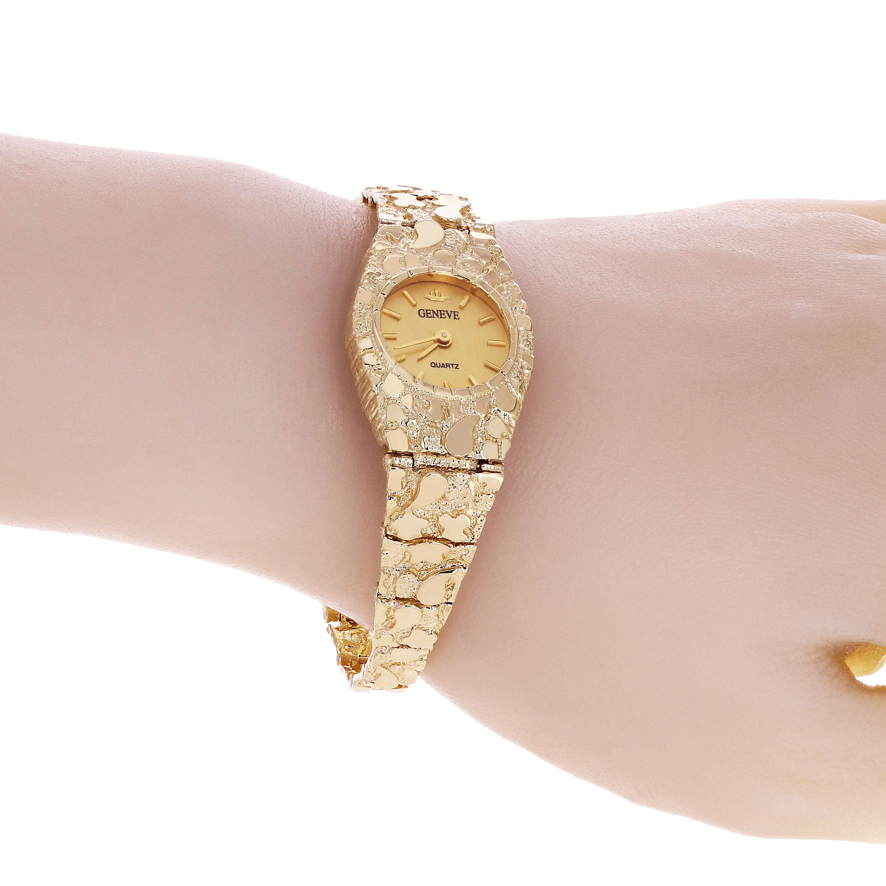 Women's 14k Yellow Gold Nugget Link Bracelet Geneve Wrist Watch 7.5" 31.2 grams