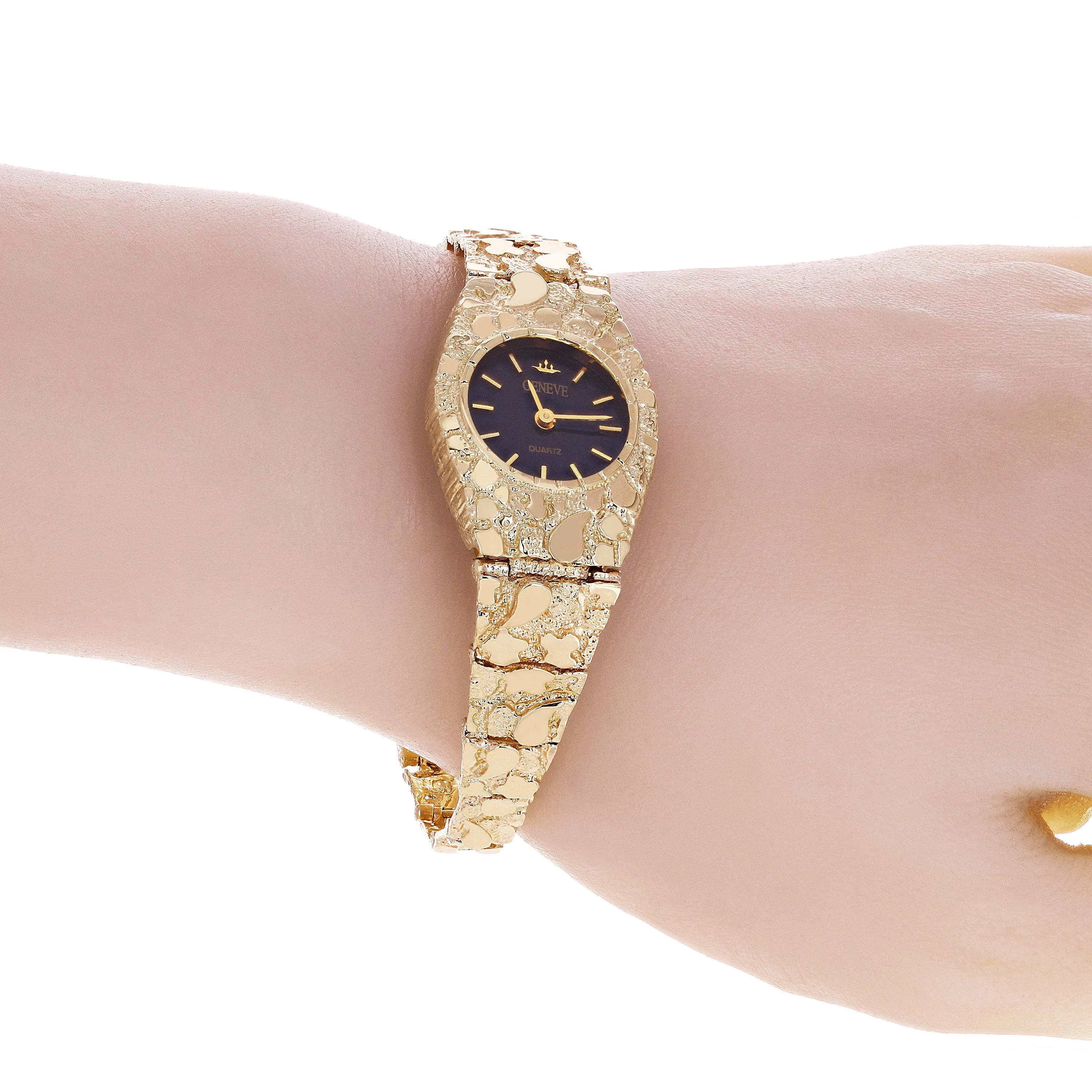 Women's 14k Yellow Gold Nugget Link Bracelet Geneve Wrist Watch 8" 33.3 grams