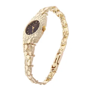 Women's 14k Yellow Gold Nugget Link Bracelet Geneve Wrist Watch with Diamond 8"