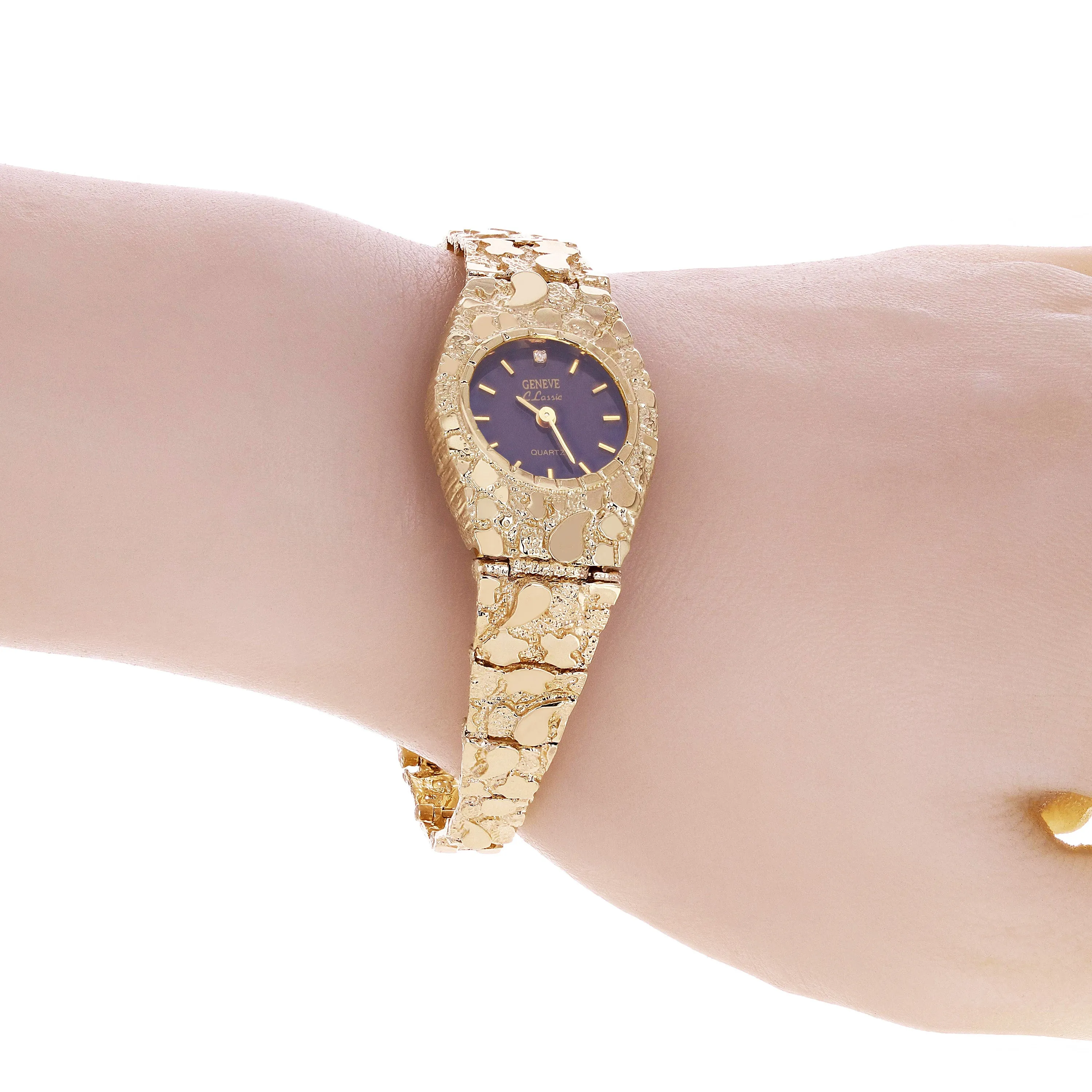 Women's 14k Yellow Gold Nugget Link Bracelet Geneve Wrist Watch with Diamond 8"