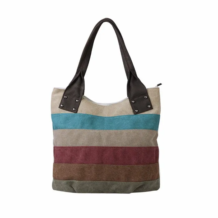 Womens Patchwork Striped Canvas Hobo Shoulder Handbag Multi-Color Casual Messenger Tote Bag
