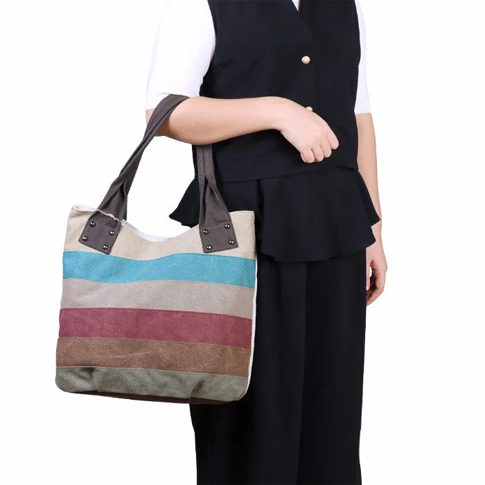 Womens Patchwork Striped Canvas Hobo Shoulder Handbag Multi-Color Casual Messenger Tote Bag